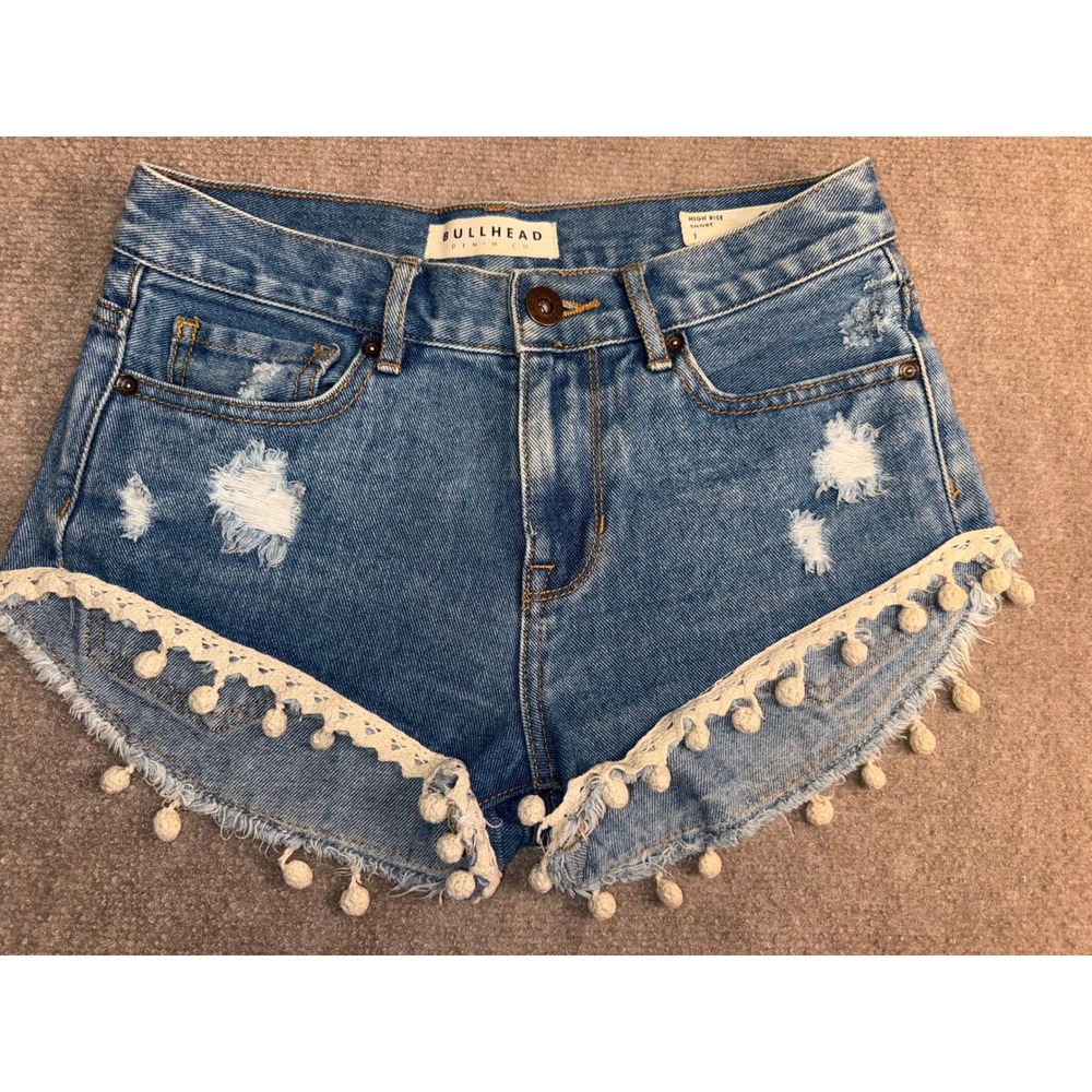 Bullhead High Rise 100% Cotton Denim Shorts Size 1 Distressed Pom Pom 2" Inseam